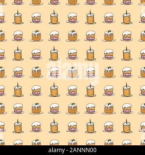 Oster Cakes nahtloses Muster. Cartoon-Elemente isoliert auf Pastell-Hintergrund. Happy Easter Day Seamless Background.Design Textil, Tapete, Print.S Stockfoto