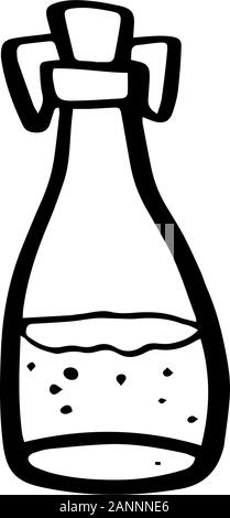 Die Glasflasche für Mandel oder Kokosnuss oder Hanf oder vegane Öl in doodle Stil auf weißem Hintergrund. Organisches Produkt. Magic Flasche. Vector Übersicht ha Stock Vektor