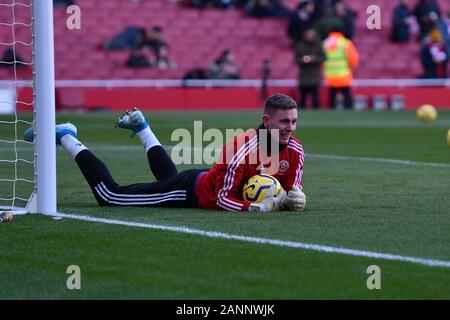 LONDON, ENGLAND - 18. JANUAR Dekan Henderson von Sheffield Erwärmung während der Premier League Spiel zwischen Arsenal und Sheffield United im Emirates Stadium, London am Samstag, den 18. Januar 2020. (Credit: Ivan Jordanov | MI Nachrichten) das Fotografieren dürfen nur für Zeitung und/oder Zeitschrift redaktionelle Zwecke verwendet werden, eine Lizenz für die gewerbliche Nutzung Kreditkarte erforderlich: MI Nachrichten & Sport/Alamy leben Nachrichten Stockfoto