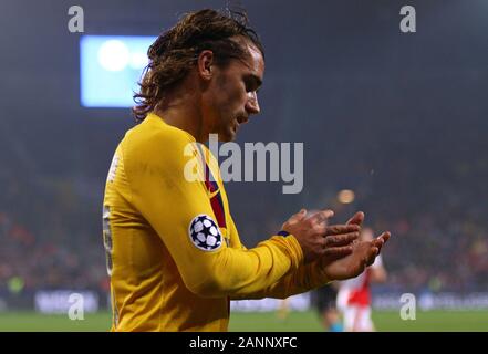 Prag, Tschechien - Oktober 23, 2019: Antoine Griezmann von Barcelona reagiert während der UEFA Champions League Spiel gegen Slavia Praha am Eden Arena in Prag, Tschechische Republik Stockfoto