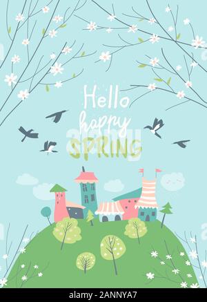 Süße kleine Stadt in blühen Bäume. Hallo Frühling Stock Vektor