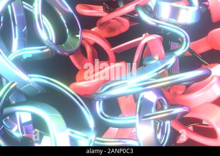 Abstrakte neon wachsen Lichter chaotisch bunten String, für Webseite, Gestaltung, Textur, Hintergrund. 3D-Render. Stockfoto