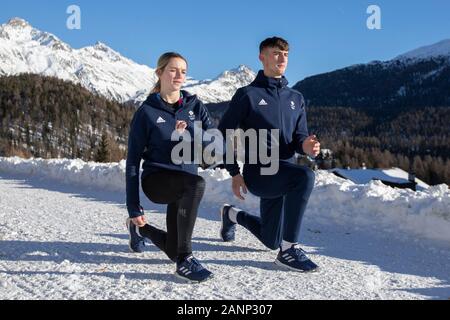 Team GB Bobfahren, William Scammell (17) mit Charlotte Longden (17) beim Monobobobb-Training bei den Jugend-Olympischen Spielen in Lausanne 2020. Stockfoto