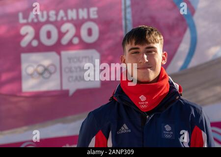 Team GB Bob, William Scammell (17) während des Monobobob-Trainings bei den Jugend-Olympischen Spielen in Lausanne 2020 am 12. Januar 2020 Stockfoto