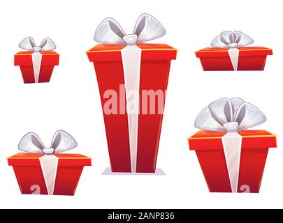 Satz von hellen roten Geschenkboxen mit Schleifen und Bänder unterschiedlicher Größe. Vector Illustration isoliert auf weißem Stock Vektor