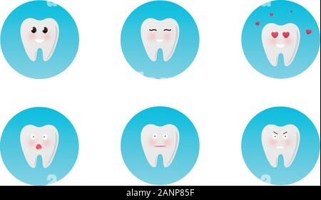 Flaches Design cartoon süßen Zahn Zeichen mit unterschiedlicher Mimik, Emotionen. Satz, Sammlung von emoji auf weißem Hintergrund. Glücklich Stock Vektor