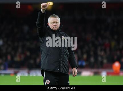 LONDON, ENGLAND - 18. JANUAR 2020: Sheffield manager Christopher John Wilder dargestellt nach dem 2019/20 Premier League Spiel zwischen Arsenal FC und Sheffield United FC im Emirates Stadion. Stockfoto