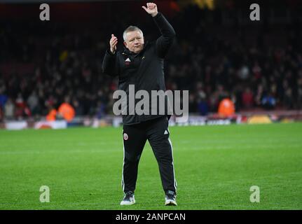 LONDON, ENGLAND - 18. JANUAR 2020: Sheffield manager Christopher John Wilder dargestellt nach dem 2019/20 Premier League Spiel zwischen Arsenal FC und Sheffield United FC im Emirates Stadion. Stockfoto