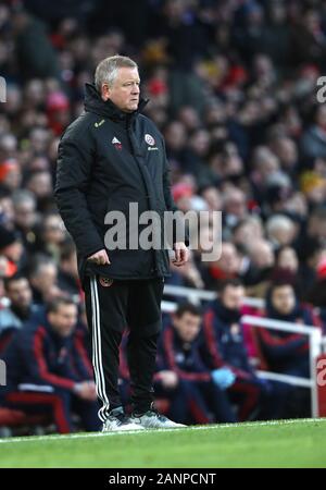 Emirates Stadium, London, UK. 18. Jan 2020. Chris Wilder (sheff Utd manager) im Arsenal v Sheffield United englische Premier League Match, das Emirates Stadium, London, Großbritannien, am 18. Januar 2020. ** Nur die redaktionelle Nutzung, eine Lizenz für die gewerbliche Nutzung erforderlich. Keine Verwendung in Wetten, Spiele oder einer einzelnen Verein/Liga/player Publikationen** Stockfoto