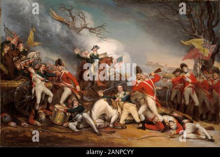 Der Tod von General Mercer in der Schlacht von Princeton, 3. Januar 1777 von John Trumbull, (British Captain William Leslie, auf der rechten Seite angezeigt, tödlich verwundet). Amerikanischer Unabhängigkeitskrieg Stockfoto