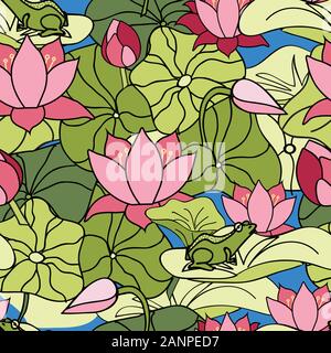 Sein ein Frösche Welt, Frosch floating und Ausblenden unter lilypads und Lotus Blumen, Lilien, nahtlose Vektor wiederholen, Oberfläche pattern Design Stock Vektor