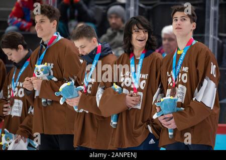 Evan Nauth vom Team GB (15) gewinnt Bronze bei den 3:3-Endspielen der Herren im Eishockey bei den Jugend-Olympischen Spielen in Lausanne 2020 am 15. Januar 2020 Stockfoto