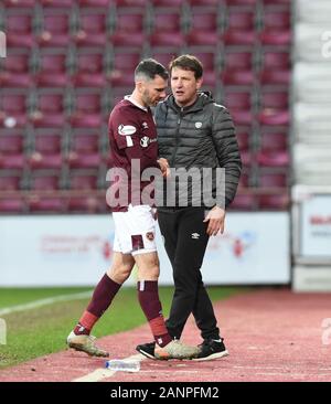 Tynecastle Park, Edinburgh, Schottland. UK. Jan 2020 18. Herzen vs Airdrie.. William Hill Scottish Cup binden. Um Verletzungen zu Herzen Michael Smith als Manager Daniel Stendel sieht auf Stockfoto