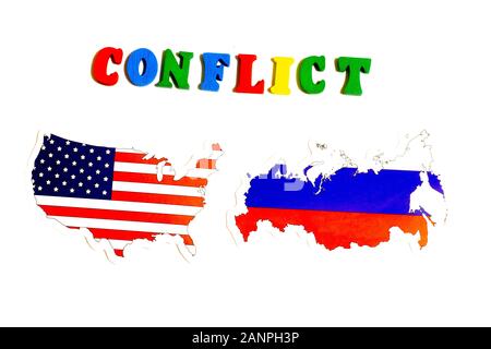 Los Angeles, Kalifornien, USA - 17. Januar 2020: USA gegen Russland Konfliktkonzept Nationalflaggen auf weißem Hintergrund. Illustration für Politik Stockfoto