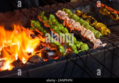 Straßennahrung/Traditioneller Gegrillter Tandoori mit verschiedenen Fleischsorten mit Holzkohle und Rost auf Spießen Stockfoto