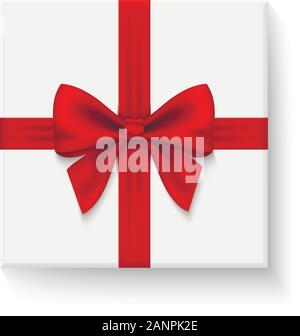 Geschenkbox mit rotem Band und Bogen. Geschlossen white box Startseite anzeigen. Stock Vektor