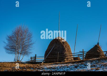 Hay Stacks in einem kleinen Dorf in Rhodopen, die Bulgarien im Winter Stockfoto