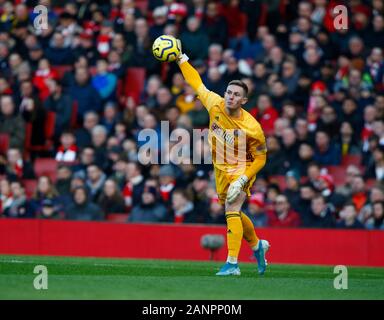 Das Emirates Stadium, London, UK. 18. Jan 2020. Dean Henderson von Sheffield United in die englische Premier League Spiel zwischen Arsenal und Sheffield United am 18. Januar 2020 im Emirates Stadium in London, England. Foto von AFS/Espa-Images) Stockfoto