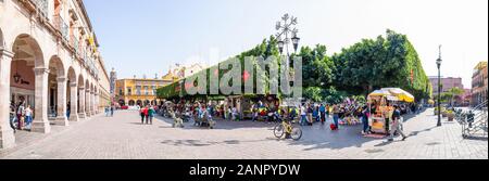 Celaya, Guanajuato, Mexiko - November 24, 2019: Blick auf die Plaza de Armas, mit Touristen und Einheimische genießen den Tag, der Kathedrale von der Unbefleckten Empfängnis Stockfoto