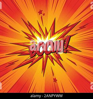 Ausleger Comic Text Sprechblase. Sound Effect bang Wolkensymbol der Farbe phrase Schriftzug. Vector Illustration auf roten Hintergrund. Stock Vektor