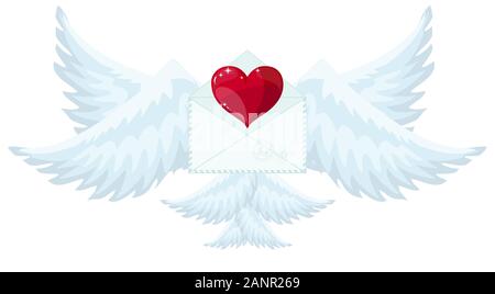 Abbildung Briefumschlag mit Flügeln wie Amor senden Liebe und Herz. Valentinstag. Schreiben Symbol einfache abstrakte auf rotem Hintergrund. Stock Vektor