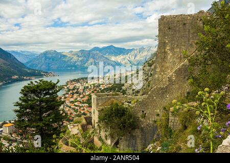 Montenegro, Kotor, 09. Oktober 2019. Die Stadt Kotor. Straßen und roten Dächern und Crkva Svetog Mihaila (St. Michael Kirche) Dach der alten Kotor. UNESCO Stockfoto