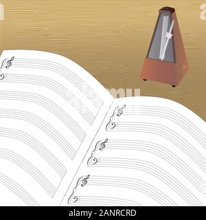 Metronome Musik Instrument und leere Musik Notebook mit Treble und Bass auf hölzernen Tisch Stock Vektor