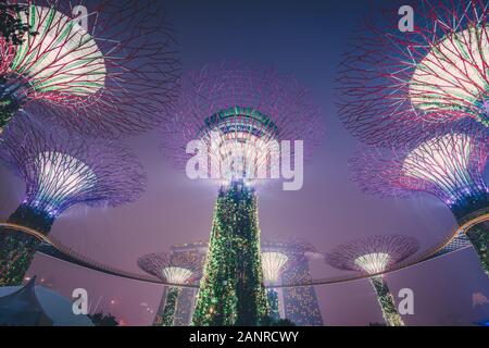 Marina Bay, Singapore - 24. September 2015: Supertrees mit der Marina Bay Sands Hotel im Hintergrund, in Singapur Stockfoto