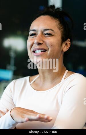 Melbourne, Australien. 19 Jan, 2020. Heather Watson aus Großbritannien spricht mit den Medien an der Australian Open 2020 Grand Slam Tennis Turnier in Melbourne, Australien. Frank Molter/Alamy leben Nachrichten Stockfoto