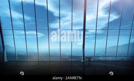 Leeres Büro mit Panoramafenster und Küstenlandschaft. Stockfoto