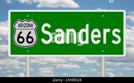 Rendering einer grünen 3D-Autobahn-Beschilderung für Sanders Arizona auf der Route 66 Stockfoto