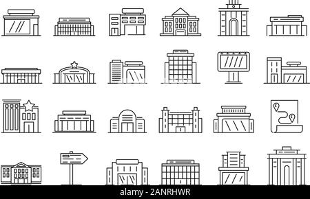 Messegelände Symbole gesetzt. Gliederung der Messe Vector Icons für Web Design auf weißem Hintergrund Stock Vektor