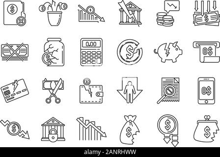Konkurs business Icons einstellen. Umrisse der bankrotten Unternehmen Vector Icons für Web Design auf weißem Hintergrund Stock Vektor