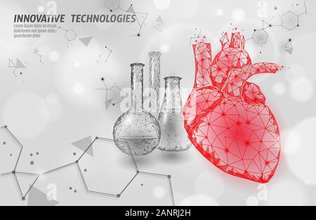 Herz Wissenschaft Glas 3D Medizin Low Poly Konzept. Dreieck rot Apotheke Drogerie Hintergrund. Moderne medikamentöse Behandlungserholung dient der Vektordarstellung Stock Vektor