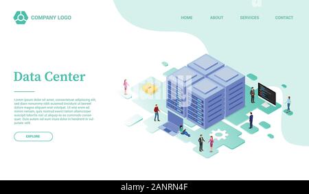 Rechenzentrum oder Server Service website Vorlage oder Landung homepage mit isometrischem Stil-Vektor Stockfoto