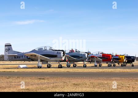 5 North American T-28 Trojan Flugzeuge, die einst für die Pilotenausbildung durch Militär der Vereinigten Staaten sitzen auf der Rollbahn am Flughafen Ihlienworth verwendet. Stockfoto