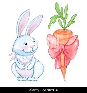Hase und Karotte auf weißem Hintergrund Stockfoto