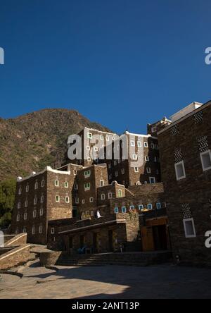 Mehrstöckige Häuser aus Steinen, Asir Provinz, Rijal Alma, Saudi-Arabien Stockfoto