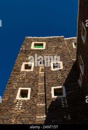 Mehrstöckige Häuser aus Steinen, Asir Provinz, Rijal Alma, Saudi-Arabien Stockfoto