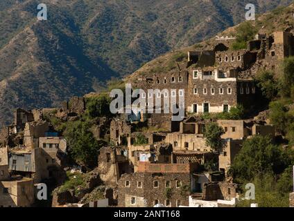 Mehrstöckige Häuser aus Steinen, Asir Provinz, Rijal Alma, Saudi-Arabien Stockfoto