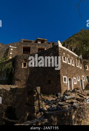 Mehrstöckige Häuser aus Steinen, Asir Provinz, Rijal Alma, Saudi-Arabien Stockfoto