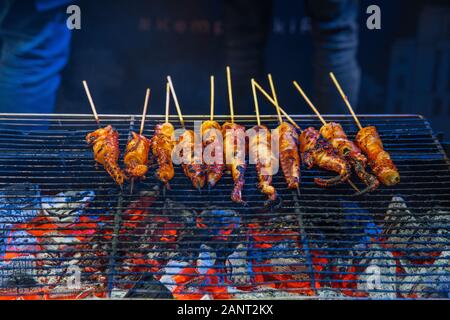 Stadt Riga, Lettland. Street Restaurant Food Festival. Auf dem Grill Tintenfisch gebraten. 18.01.2020 Stockfoto