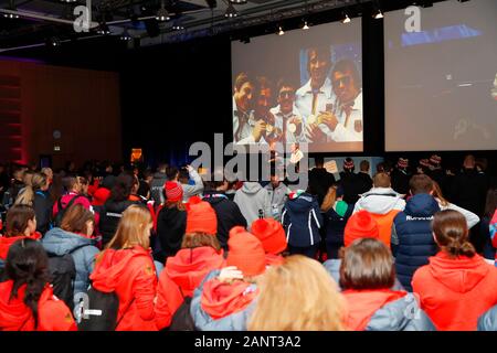 Allgemeine Ansicht, Januar 17, 2020: Tagung des Athleten Dorf Willkommen bei der Lausanne 2020 Winter Youth Olympic Games in Lausanne in der Schweiz. Credit: Naoki Morita/LBA SPORT/Alamy leben Nachrichten Stockfoto