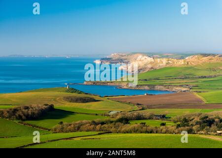 Swyre Kopf, Kingston, Dorset, Großbritannien. 19. Januar 2020. UK Wetter. Die Aussicht von Swyre Kopf in der Nähe von Kingston in Dorset nach Westen entlang der Jurassic Coast über Kimmeridge Bucht und Warbarrow Bay. Foto: Graham Jagd-/Alamy leben Nachrichten Stockfoto