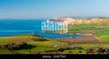 Swyre Kopf, Kingston, Dorset, Großbritannien. 19. Januar 2020. UK Wetter. Die Aussicht von Swyre Kopf in der Nähe von Kingston in Dorset nach Westen entlang der Jurassic Coast über Kimmeridge Bucht und Warbarrow Bay. Foto: Graham Jagd-/Alamy leben Nachrichten Stockfoto