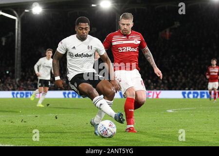 London, Großbritannien. 19 Jan, 2020. Ivan Cavaleiro von Fulham ist von Adam Clayton von Middlesbrough während der efl Sky Bet Championship Match zwischen Fulham und Middlesbrough im Craven Cottage, London, England am 17. Januar 2020 gefordert. Foto von Ken Funken. Nur die redaktionelle Nutzung, eine Lizenz für die gewerbliche Nutzung erforderlich. Keine Verwendung in Wetten, Spiele oder einer einzelnen Verein/Liga/player Publikationen. Credit: UK Sport Pics Ltd/Alamy leben Nachrichten Stockfoto