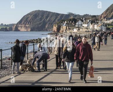 Sidmouth, Großbritannien. 19. Jan 2020 Leute auf Sidmouth Esplanade als extrem hohe Druck, die heute von der Met Office vorhergesagt wird. Lesungen im Südwesten zu werden voraussichtlich 1.050 Hektopascal (hPa), eine seltene, nur ein paar Mal im letzten Jahrhundert erreicht. Dies wird wahrscheinlich einige popping Sensation in den Völkern Ohren zu bringen, aber der Bonus wird gut, klar geregelt Wetter für ein paar Tage. Foto Central/Alamy leben Nachrichten Stockfoto