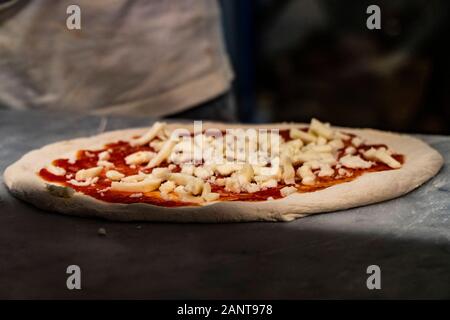 Italienische Tomaten und Mozzarella Pizza fertig zu kochen Stockfoto
