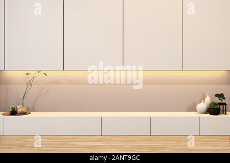 Design Schrank Regal Holz im japanischen Stil auf leeren Raum minimal. 3D-Rendering Stockfoto