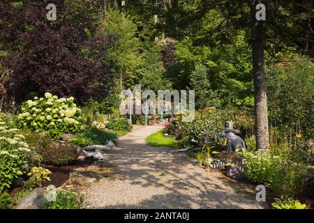 Grenzen bepflanzt mit verschiedenen mehrjährigen Pflanzen, Sträucher und Blumen einschließlich Hortensie aborescens 'Annabelle', gelb Rudbeckien - coneflowers im Garten Stockfoto